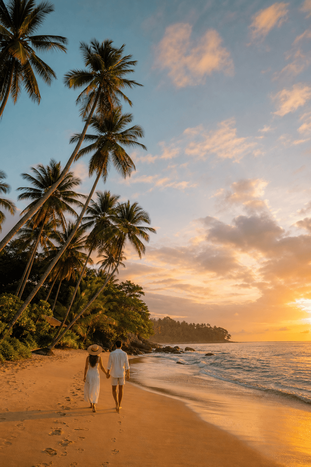 Couple walking along a tropical Sri Lankan beach at sunset