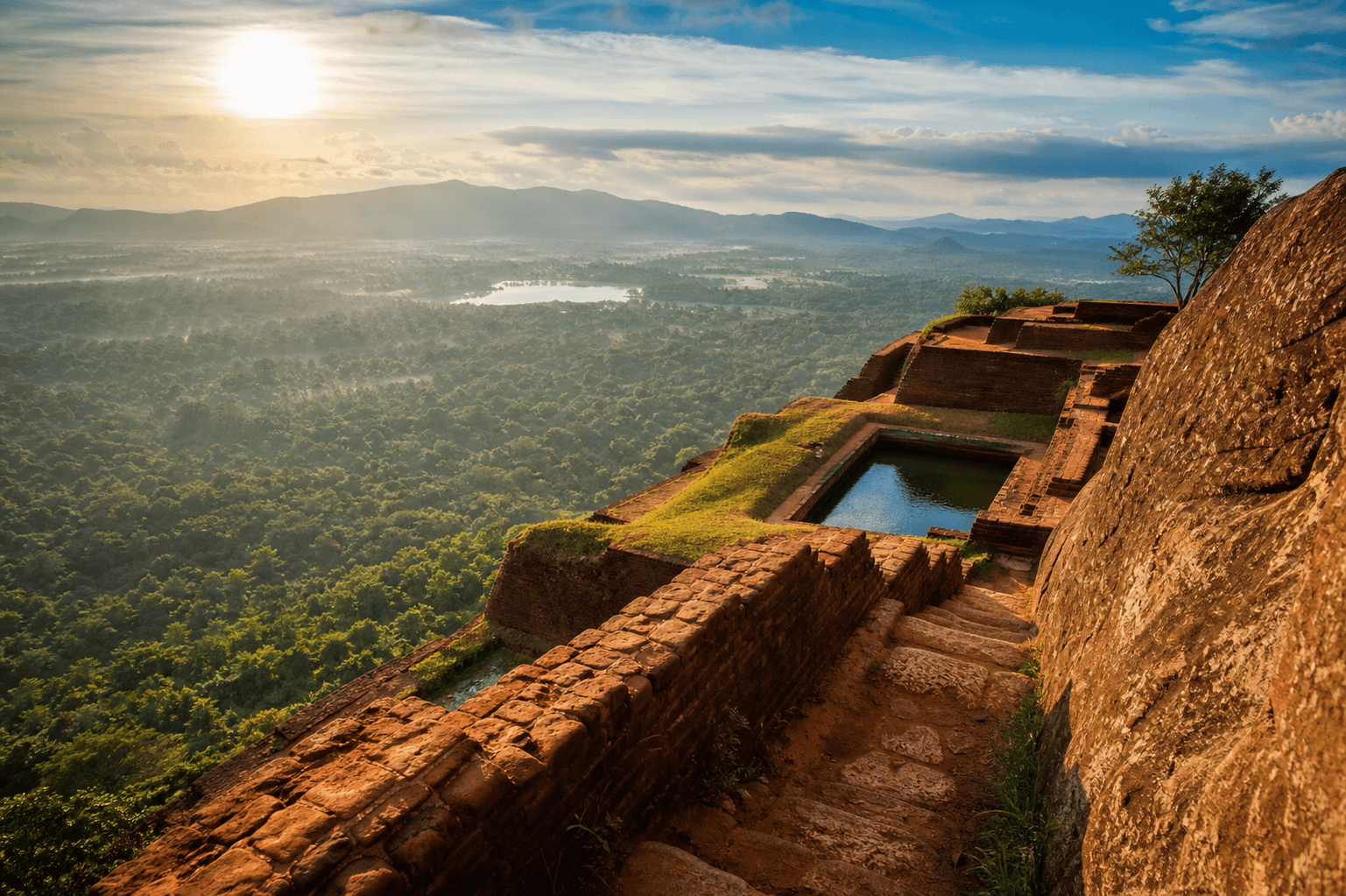 Historic Sigiriya-style heritage view above the Sri Lankan plains