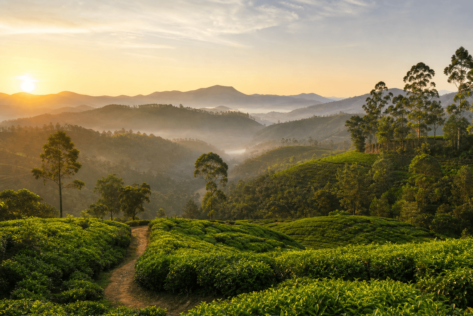 Golden-hour tea country landscape in Sri Lanka