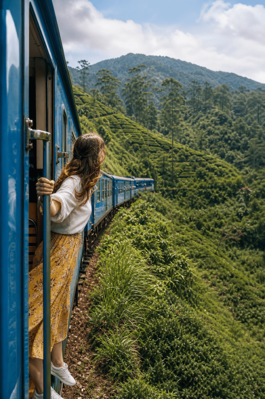 Traveler enjoying a scenic train journey through Sri Lanka