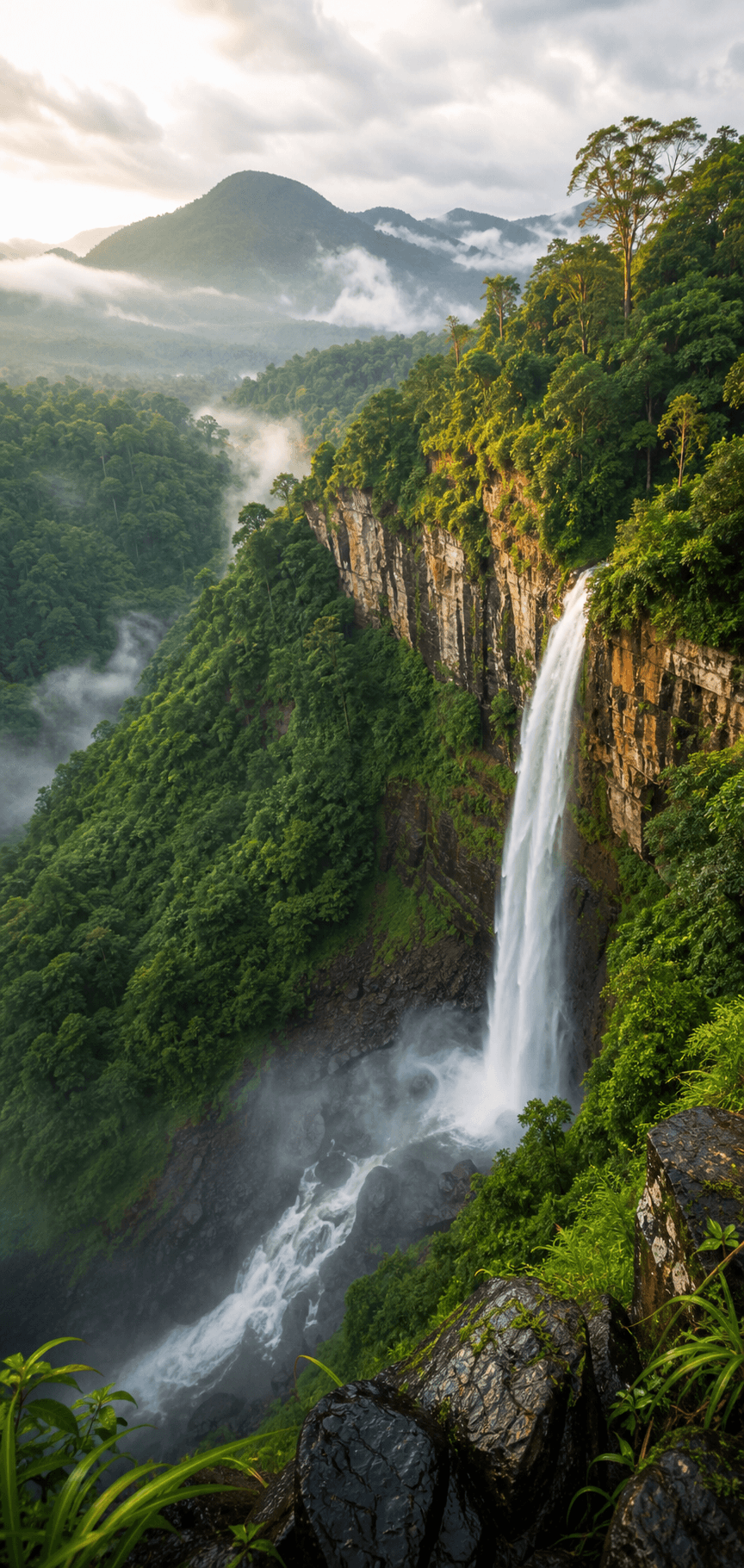 Tall waterfall in a misty Sri Lankan rainforest valley